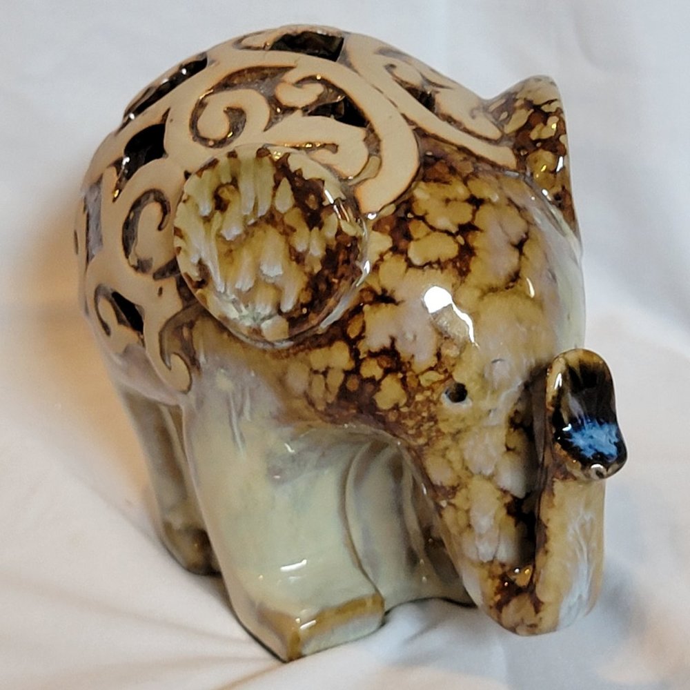 Glazed Ceramic Elephant Figurine Raised Trunk Ornate Openwork Design on Back
